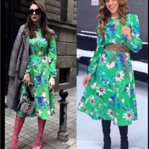 HM green floral midi dress fit & flare long sleeves NEW without Tag  S…